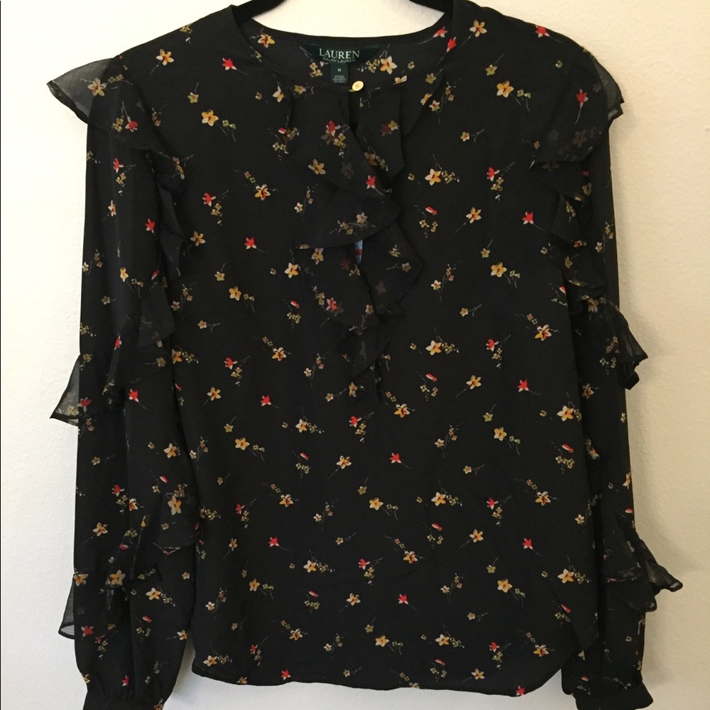 Lauren Ralph Lauren Black Floral Ruffle Blouse - Picture 2 of 8